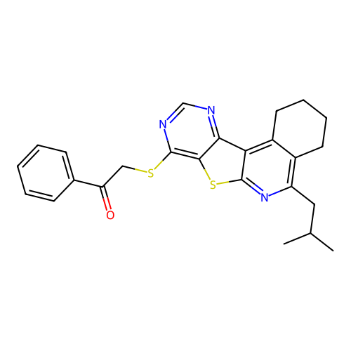 2-((5-isobutyl-1,2,3,4-tetrahydropyrimido[4',5':4,5]thieno[2,3-c]isoquinolin-8-yl)thio)-1-phenylethanone structure