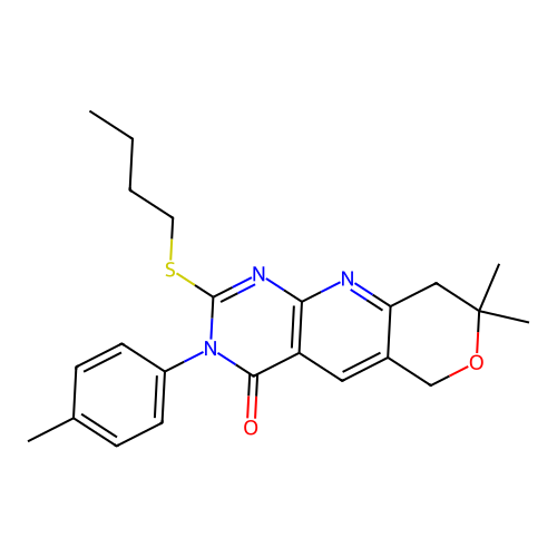 2-(butylsulfanyl)-8,8-dimethyl-3-(4-methylphenyl)-3,6,8,9-tetrahydro-4H-pyrano[3',4':5,6]pyrido[2,3-d]pyrimidin-4-one structure