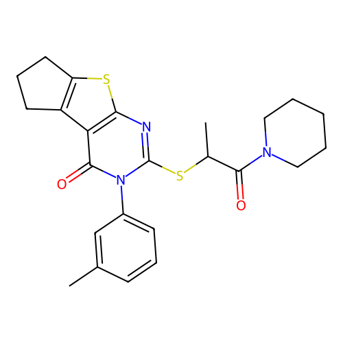 2-((1-oxo-1-(piperidin-1-yl)propan-2-yl)thio)-3-(m-tolyl)-6,7-dihydro-3H-cyclopenta[4,5]thieno[2,3-d]pyrimidin-4(5H)-one structure