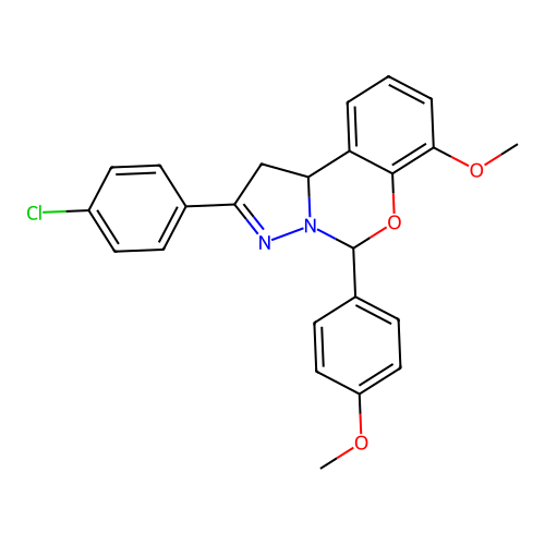 2-(4-chlorophenyl)-7-methoxy-5-(4-methoxyphenyl)-1,10b-dihydropyrazolo[1,5-c][1,3]benzoxazine structure