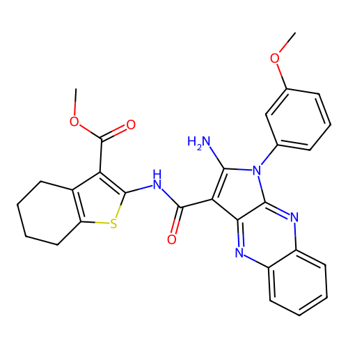 methyl 2-({[2-amino-1-(3-methoxyphenyl)-1H-pyrrolo[2,3-b]quinoxalin-3-yl]carbonyl}amino)-4,5,6,7-tetrahydro-1-benzothiophene-3-carboxylate structure