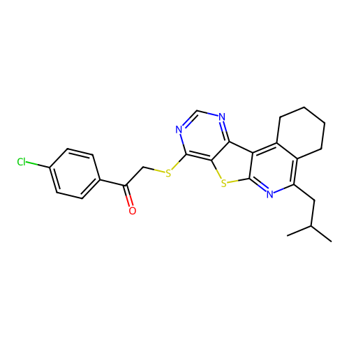 1-(4-chlorophenyl)-2-((5-isobutyl-1,2,3,4-tetrahydropyrimido[4',5':4,5]thieno[2,3-c]isoquinolin-8-yl)thio)ethanone structure