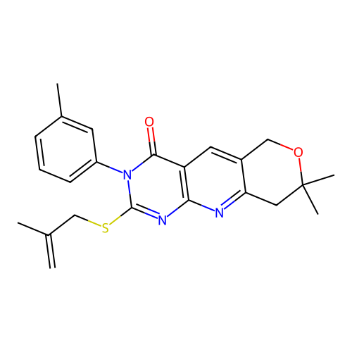 8,8-dimethyl-2-((2-methylallyl)thio)-3-(m-tolyl)-8,9-dihydro-3H-pyrano[3',4':5,6]pyrido[2,3-d]pyrimidin-4(6H)-one structure