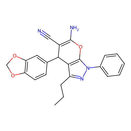 6-amino-4-(1,3-benzodioxol-5-yl)-1-phenyl-3-propyl-1,4-dihydropyrano[2,3-c]pyrazole-5-carbonitrile structure