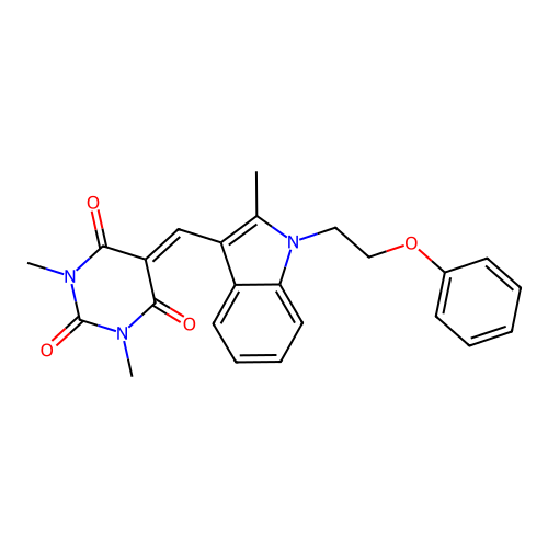 1,3-dimethyl-5-((2-methyl-1-(2-phenoxyethyl)-1H-indol-3-yl)methylene)pyrimidine-2,4,6(1H,3H,5H)-trione structure