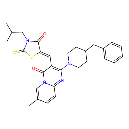 2-(4-benzylpiperidin-1-yl)-7-methyl-3-{(Z)-[3-(2-methylpropyl)-4-oxo-2-thioxo-1,3-thiazolidin-5-ylidene]methyl}-4H-pyrido[1,2-a]pyrimidin-4-one structure