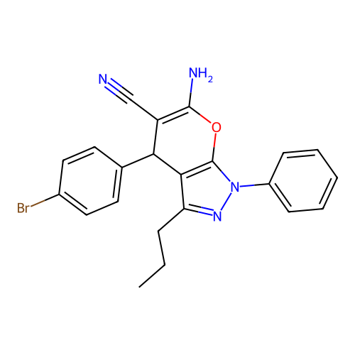 6-amino-4-(4-bromophenyl)-1-phenyl-3-propyl-1,4-dihydropyrano[2,3-c]pyrazole-5-carbonitrile structure