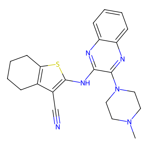 2-((3-(4-methylpiperazin-1-yl)quinoxalin-2-yl)amino)-4,5,6,7-tetrahydrobenzo[b]thiophene-3-carbonitrile structure