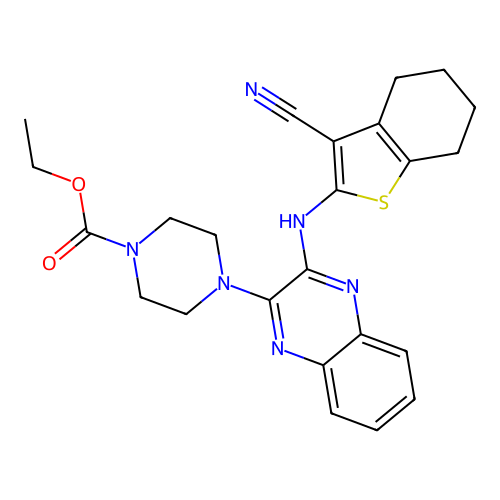 ethyl 4-(3-((3-cyano-4,5,6,7-tetrahydrobenzo[b]thiophen-2-yl)amino)quinoxalin-2-yl)piperazine-1-carboxylate structure