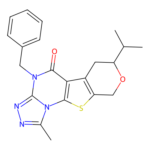 4-benzyl-1-methyl-7-(propan-2-yl)-6,9-dihydro-7H-pyrano[4',3':4,5]thieno[3,2-e][1,2,4]triazolo[4,3-a]pyrimidin-5(4H)-one structure