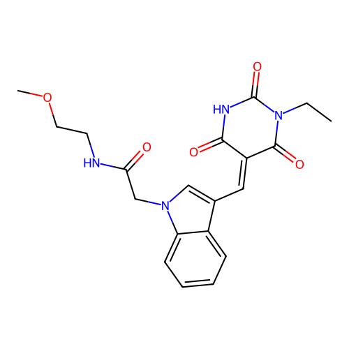 (E)-2-(3-((1-ethyl-2,4,6-trioxotetrahydropyrimidin-5(2H)-ylidene)methyl)-1H-indol-1-yl)-N-(2-methoxyethyl)acetamide structure