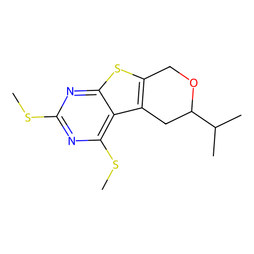6-isopropyl-2,4-bis(methylthio)-6,8-dihydro-5H-pyrano[4',3':4,5]thieno[2,3-d]pyrimidine structure