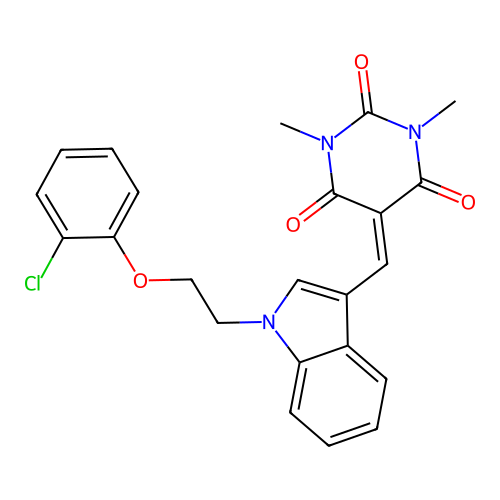 5-({1-[2-(2-chlorophenoxy)ethyl]-1H-indol-3-yl}methylidene)-1,3-dimethylpyrimidine-2,4,6(1H,3H,5H)-trione structure