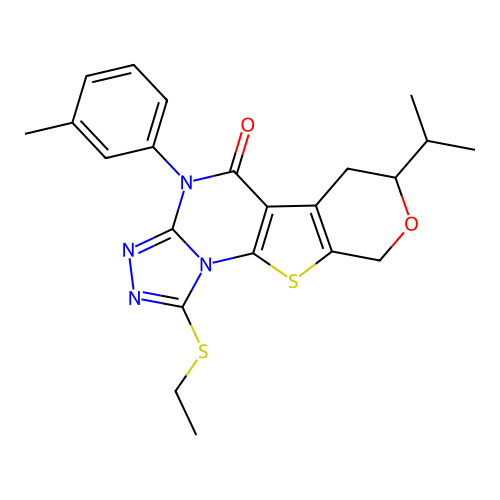1-(ethylsulfanyl)-4-(3-methylphenyl)-7-(propan-2-yl)-6,9-dihydro-7H-pyrano[4',3':4,5]thieno[3,2-e][1,2,4]triazolo[4,3-a]pyrimidin-5(4H)-one structure