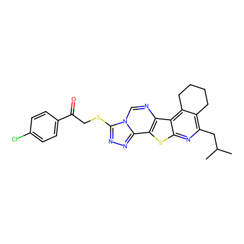 1-(4-chlorophenyl)-2-((11-isobutyl-7,8,9,10-tetrahydro-[1,2,4]triazolo[4'',3'':1',6']pyrimido[4',5':4,5]thieno[2,3-c]isoquinolin-3-yl)thio)ethanone structure