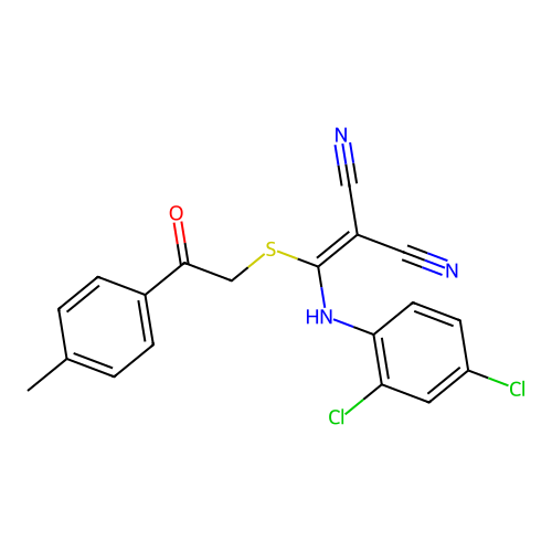 2-(((2,4-dichlorophenyl)amino)((2-oxo-2-(p-tolyl)ethyl)thio)methylene)malononitrile structure