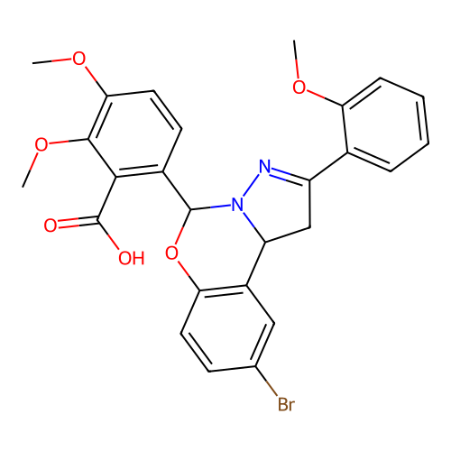 6-(9-bromo-2-(2-methoxyphenyl)-5,10b-dihydro-1H-benzo[e]pyrazolo[1,5-c][1,3]oxazin-5-yl)-2,3-dimethoxybenzoic acid structure