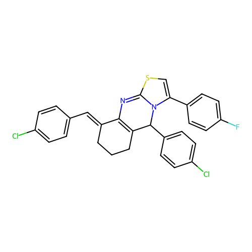 (9E)-5-(4-chlorophenyl)-9-[(4-chlorophenyl)methylidene]-3-(4-fluorophenyl)-5,6,7,8-tetrahydro-[1,3]thiazolo[2,3-b]quinazoline structure