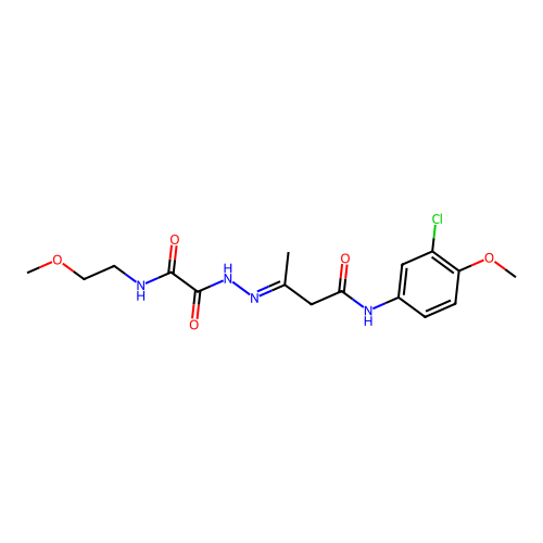 (3E)-N-(3-chloro-4-methoxyphenyl)-3-(2-{[(2-methoxyethyl)amino](oxo)acetyl}hydrazinylidene)butanamide structure