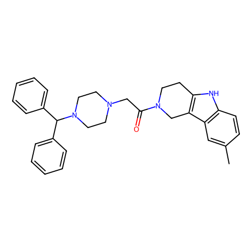 2-(4-benzhydrylpiperazin-1-yl)-1-(8-methyl-1,3,4,5-tetrahydropyrido[4,3-b]indol-2-yl)ethanone structure
