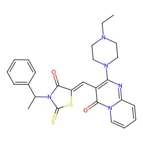 2-(4-ethylpiperazin-1-yl)-3-{(Z)-[4-oxo-3-(1-phenylethyl)-2-thioxo-1,3-thiazolidin-5-ylidene]methyl}-4H-pyrido[1,2-a]pyrimidin-4-one structure