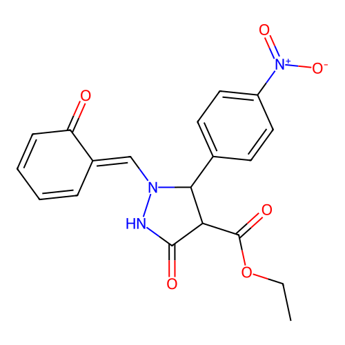 ethyl 5-(4-nitrophenyl)-3-oxo-1-[(E)-(6-oxocyclohexa-2,4-dien-1-ylidene)methyl]pyrazolidine-4-carboxylate structure