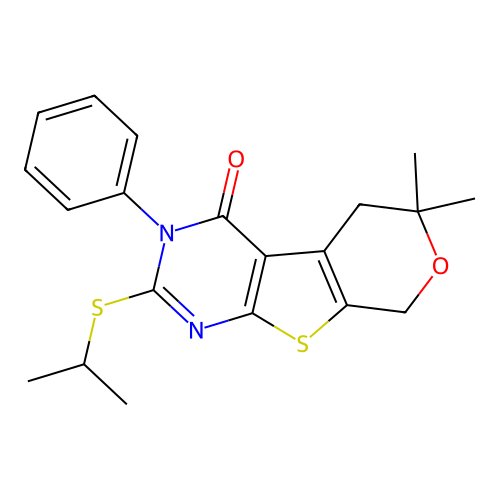 2-(isopropylthio)-6,6-dimethyl-3-phenyl-5,6-dihydro-3H-pyrano[4',3':4,5]thieno[2,3-d]pyrimidin-4(8H)-one structure