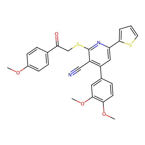 4-(3,4-dimethoxyphenyl)-2-((2-(4-methoxyphenyl)-2-oxoethyl)thio)-6-(thiophen-2-yl)nicotinonitrile structure