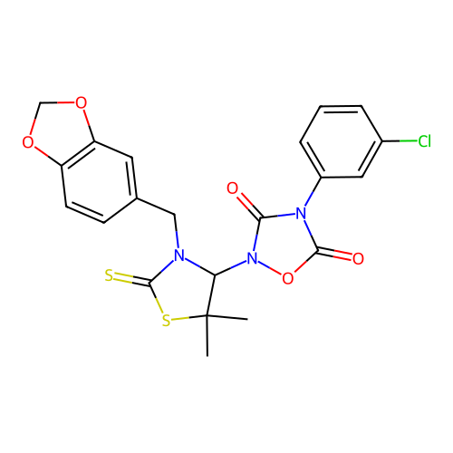 2-(3-(benzo[d][1,3]dioxol-5-ylmethyl)-5,5-dimethyl-2-thioxothiazolidin-4-yl)-4-(3-chlorophenyl)-1,2,4-oxadiazolidine-3,5-dione structure