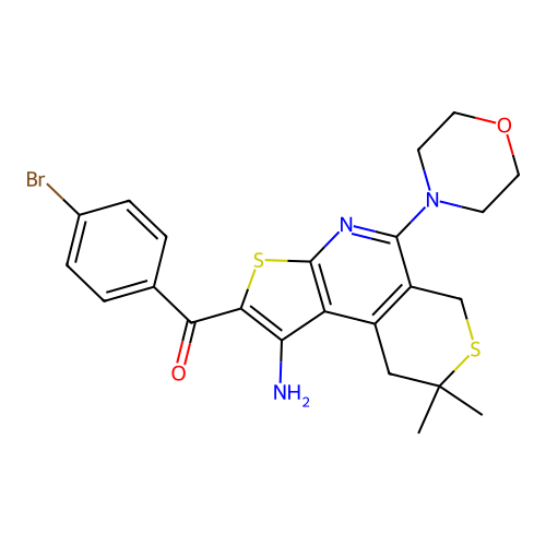 (1-amino-8,8-dimethyl-5-morpholino-8,9-dihydro-6H-thieno[2,3-b]thiopyrano[4,3-d]pyridin-2-yl)(4-bromophenyl)methanone structure