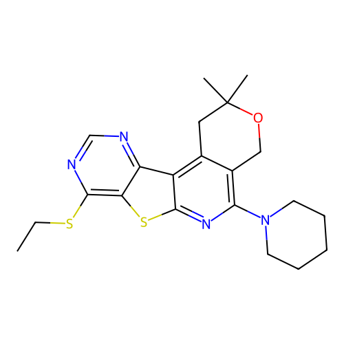 8-(ethylsulfanyl)-2,2-dimethyl-5-(piperidin-1-yl)-1,4-dihydro-2H-pyrano[4'',3'':4',5']pyrido[3',2':4,5]thieno[3,2-d]pyrimidine structure