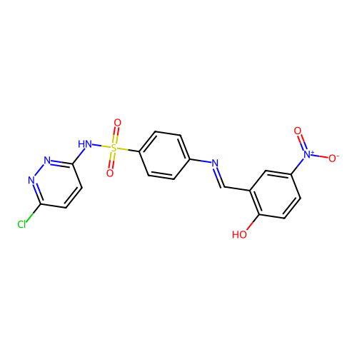 (E)-N-(6-chloropyridazin-3-yl)-4-((2-hydroxy-5-nitrobenzylidene)amino)benzenesulfonamide structure