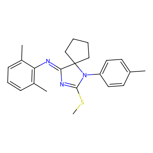 (Z)-2,6-dimethyl-N-(2-(methylthio)-1-(p-tolyl)-1,3-diazaspiro[4.4]non-2-en-4-ylidene)aniline structure