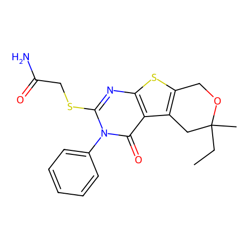 2-((6-ethyl-6-methyl-4-oxo-3-phenyl-4,5,6,8-tetrahydro-3H-pyrano[4',3':4,5]thieno[2,3-d]pyrimidin-2-yl)thio)acetamide structure