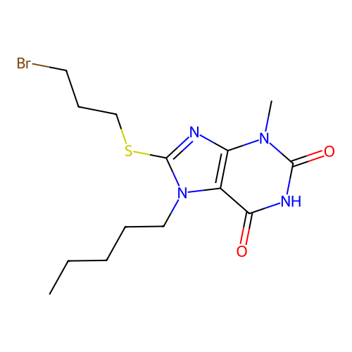 8-[(3-bromopropyl)sulfanyl]-3-methyl-7-pentyl-3,7-dihydro-1H-purine-2,6-dione structure