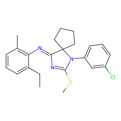 (Z)-N-(1-(3-chlorophenyl)-2-(methylthio)-1,3-diazaspiro[4.4]non-2-en-4-ylidene)-2-ethyl-6-methylaniline structure