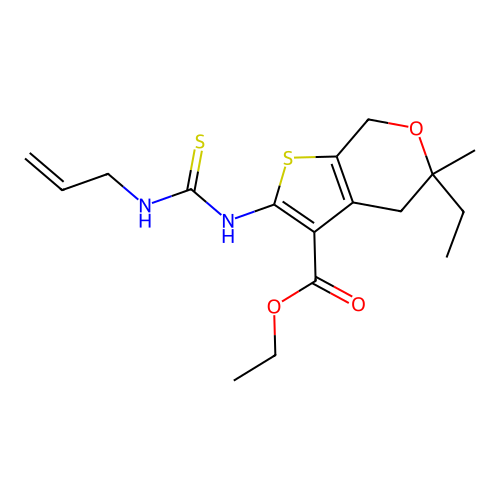 2-(3-Allyl-thioureido)-5-ethyl-5-methyl-4,7-dihydro-5H-thieno[2,3-c]pyran-3-carboxylic acid ethyl ester structure