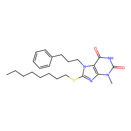 3-Methyl-8-octylsulfanyl-7-(3-phenyl-propyl)-3,7-dihydro-purine-2,6-dione structure
