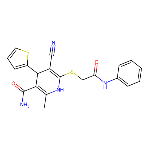 5-cyano-2-methyl-6-((2-oxo-2-(phenylamino)ethyl)thio)-4-(thiophen-2-yl)-1,4-dihydropyridine-3-carboxamide structure