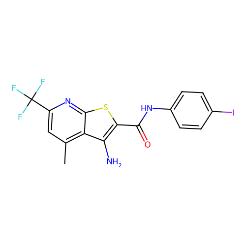 3-amino-N-(4-iodophenyl)-4-methyl-6-(trifluoromethyl)thieno[2,3-b]pyridine-2-carboxamide structure