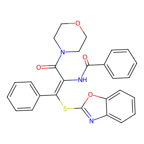 N-(1-(benzo[d]oxazol-2-ylthio)-3-morpholino-3-oxo-1-phenylprop-1-en-2-yl)benzamide structure