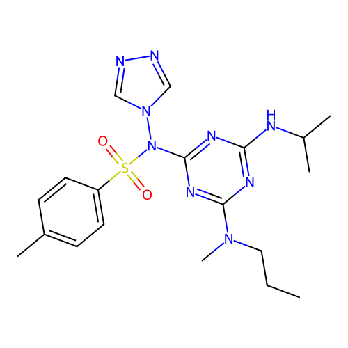4-methyl-N-[4-[methyl(propyl)amino]-6-(propan-2-ylamino)-1,3,5-triazin-2-yl]-N-(1,2,4-triazol-4-yl)benzenesulfonamide structure