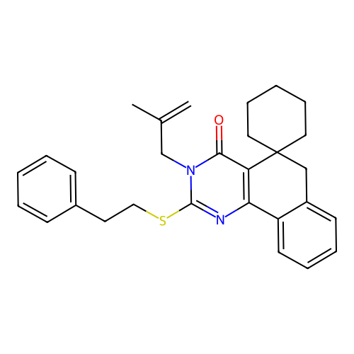 3-(2-methylallyl)-2-(phenethylthio)-3H-spiro[benzo[h]quinazoline-5,1'-cyclohexan]-4(6H)-one structure