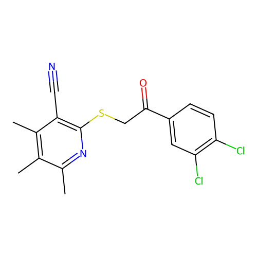 2-((2-(3,4-dichlorophenyl)-2-oxoethyl)thio)-4,5,6-trimethylnicotinonitrile structure