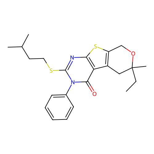 6-ethyl-2-(isopentylthio)-6-methyl-3-phenyl-5,6-dihydro-3H-pyrano[4',3':4,5]thieno[2,3-d]pyrimidin-4(8H)-one structure