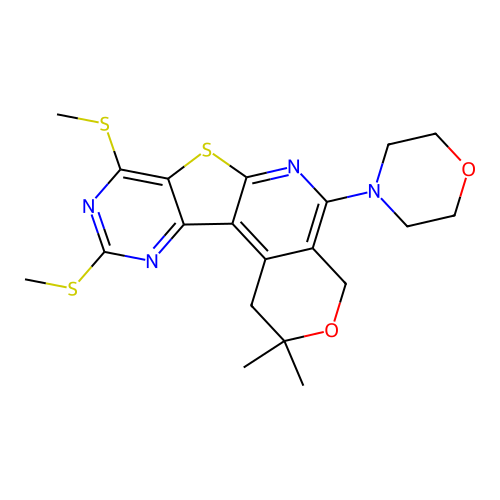 2,2-dimethyl-8,10-bis(methylsulfanyl)-5-(morpholin-4-yl)-1,4-dihydro-2H-pyrano[4'',3'':4',5']pyrido[3',2':4,5]thieno[3,2-d]pyrimidine structure