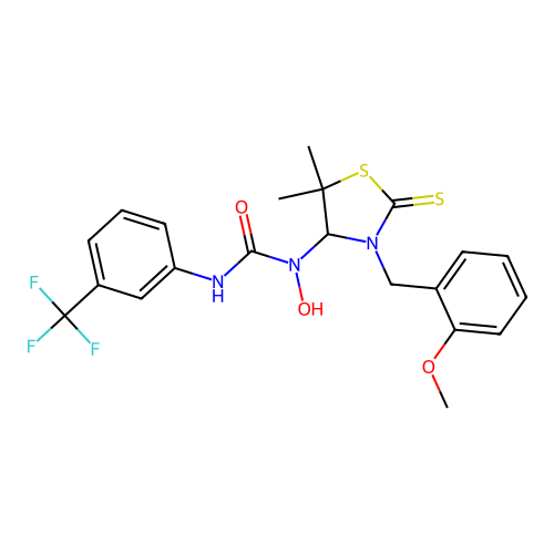1-hydroxy-1-(3-(2-methoxybenzyl)-5,5-dimethyl-2-thioxothiazolidin-4-yl)-3-(3-(trifluoromethyl)phenyl)urea structure