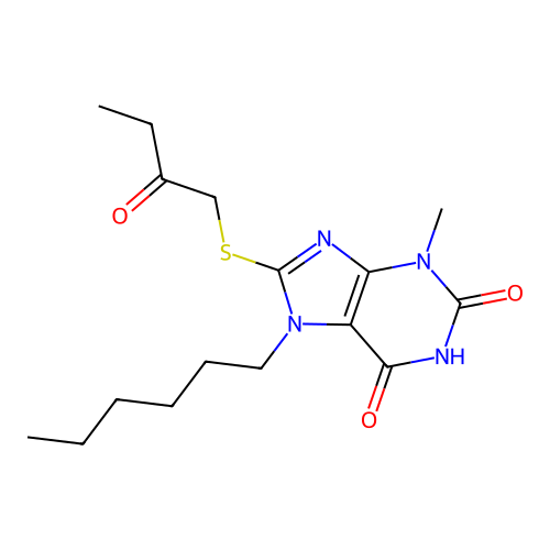 7-hexyl-3-methyl-8-[(2-oxobutyl)sulfanyl]-3,7-dihydro-1H-purine-2,6-dione structure