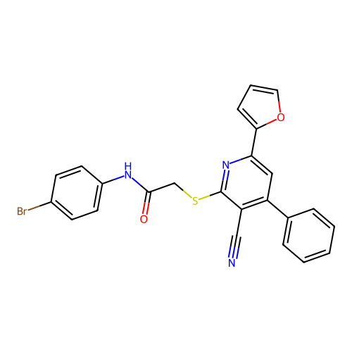 N-(4-bromophenyl)-2-((3-cyano-6-(furan-2-yl)-4-phenylpyridin-2-yl)thio)acetamide structure