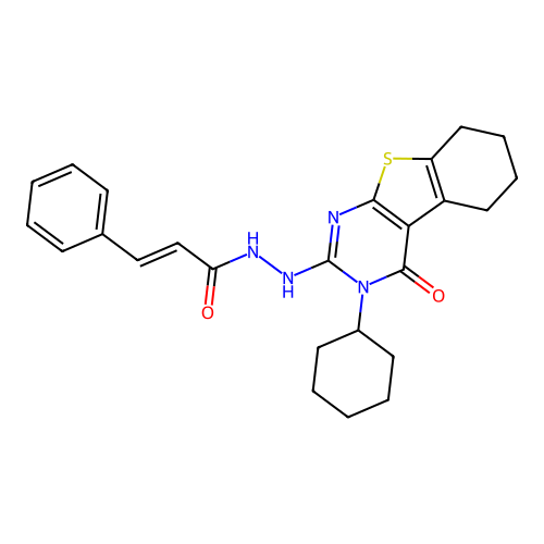 (2E)-N'-(3-cyclohexyl-4-oxo-3,4,5,6,7,8-hexahydro[1]benzothieno[2,3-d]pyrimidin-2-yl)-3-phenylprop-2-enehydrazide structure